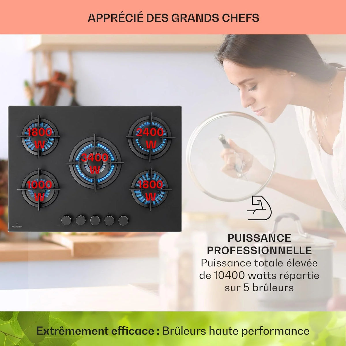 Klarstein Table de Cuisson à Gaz, Plaque de Cuisson Gaz à 5 Brûleurs, Table de Cuisson Encastrable à 5 Feux de 10400W, Cuisiniere Gaz, Gaziniere Gaz avec Brûleurs en Acier Inoxydable, Cuisinières GPL