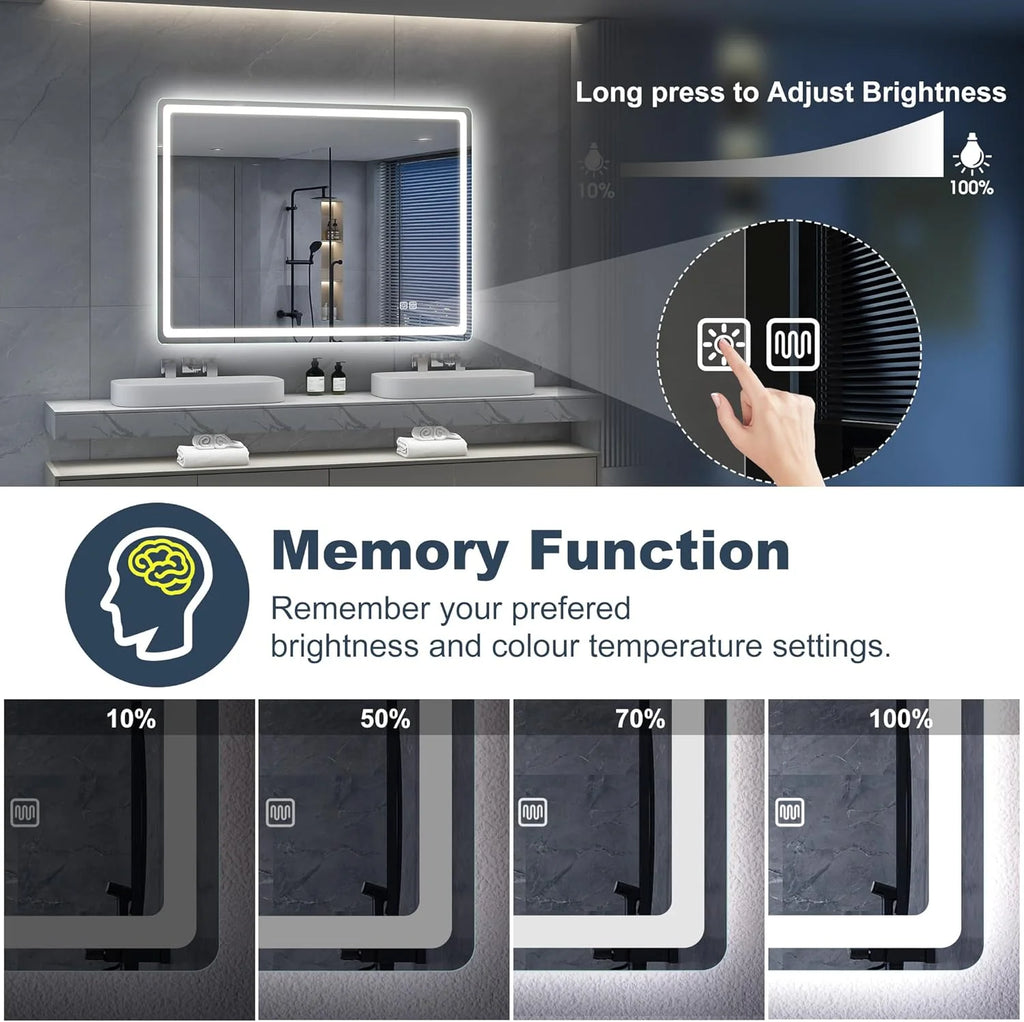 S'bagno Espejo-Baño-con-Luz 120x70cm, Espejo-Baño-LED-Bluetooth con Función Antivaho, 3000K/4000K/6500K, Regulable, Memoria, Cristal Templado HD, IP44-Espejos-de-Baño-con-LED, Horizontal/Vertical