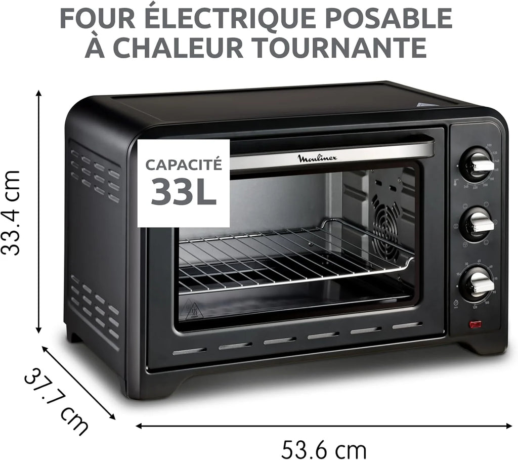 Moulinex Four posable 33 L, Chaleur tournante, Convection de pointe, 6 modes de cuisson, Thermostat réglable jusqu'à 240 °C, Timer 120 min, Grille réversible, Maniques silicone, Optimo Noir OX464811