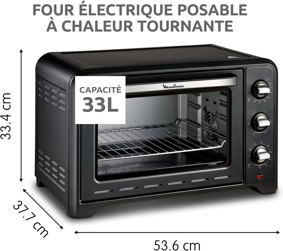 Moulinex Four posable 33 L, Chaleur tournante, Convection de pointe, 6 modes de cuisson, Thermostat réglable jusqu'à 240 °C, Timer 120 min, Grille réversible, Maniques silicone, Optimo Noir OX464811