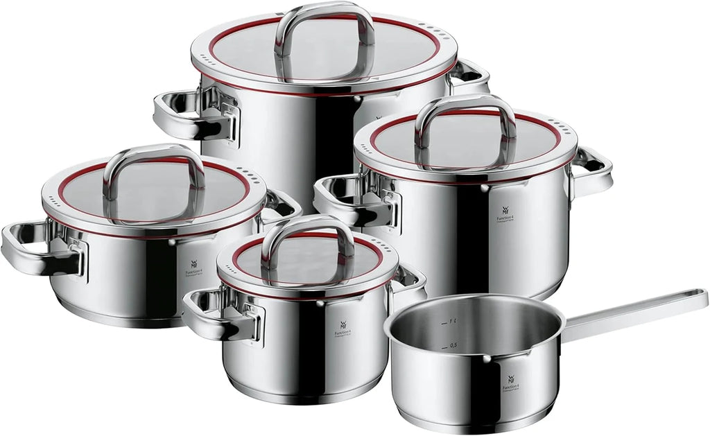 WMF Function 4 - Batería de Cocina 5 Piezas, Acero Inoxidable Apto para Inducción, 1 cacerola baja de 20 cm, 3 cacerolas altas de 16 cm, 20 cm y 24 cm con tapa, 1 cazo 16 cm