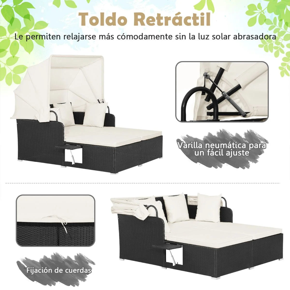 Cama Doble Día Ratán Patio Tumbona Con Cojines Laterales Plegables Jardín Patio Porche Blanco