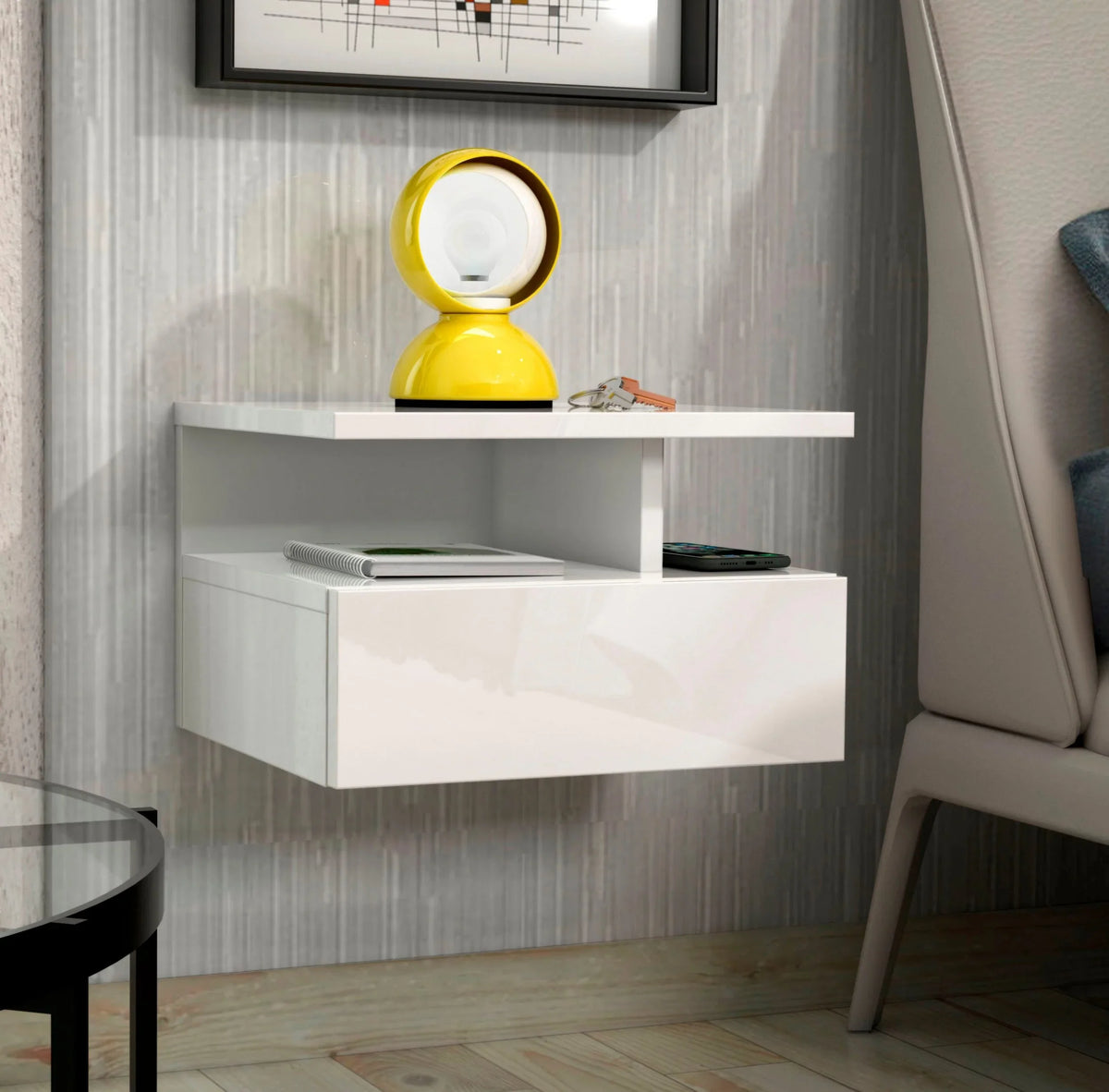 Mesita de noche suspendida Roma blanco brillante, con diseño minimalista de 35,5 cm de ancho