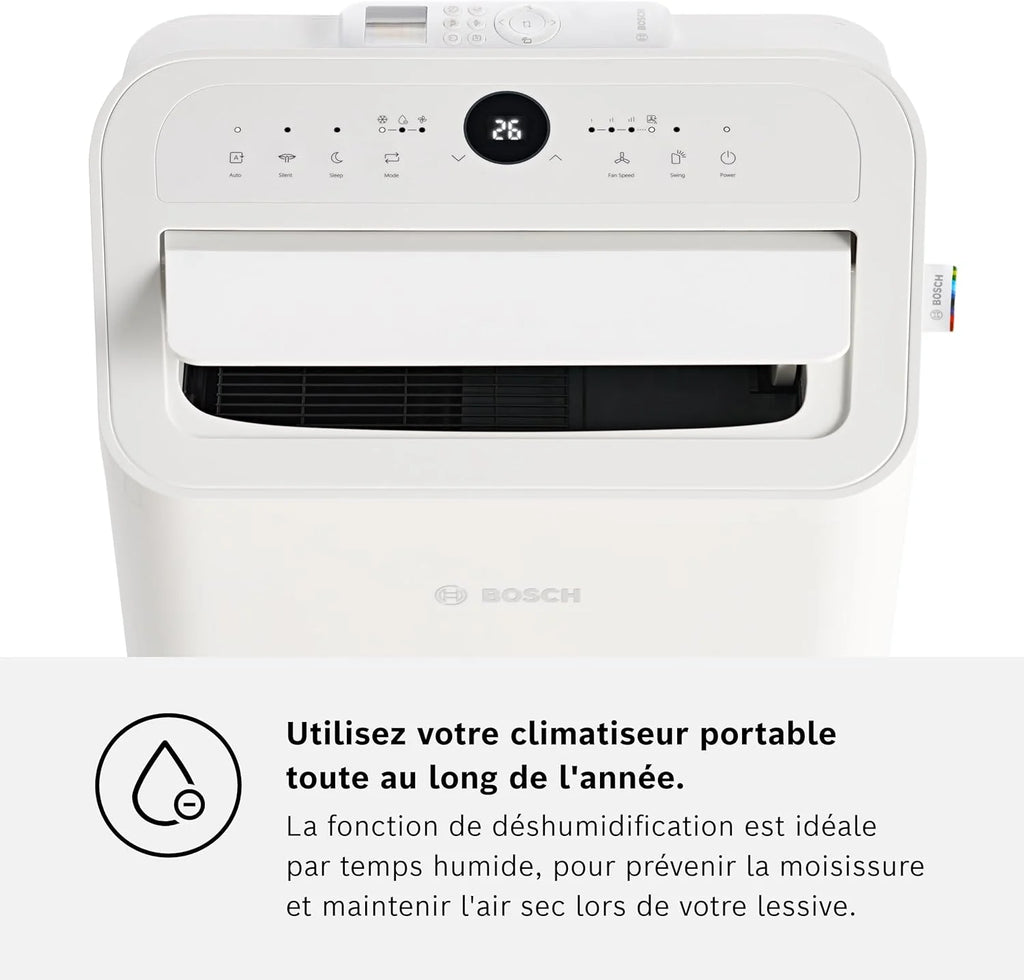Bosch Cool 2000 Portable AC - 3 en 1 Climatiseur, Déshumidificateur, Ventilateur - 2,6 kW pour les pièces jusqu'à 35m² - Avec Mode Auto, Mode Silencieux et Mode Veille (46 db (A)) [Classe A]