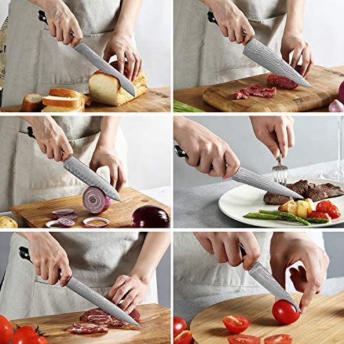 Juego de cuchillos de cocina Damascus, set de 9 piezas con bloque, mango ergonómico ABS para cuchillos de chef, afilador de cuchillos y tijeras de cocina, bloque de madera de haya