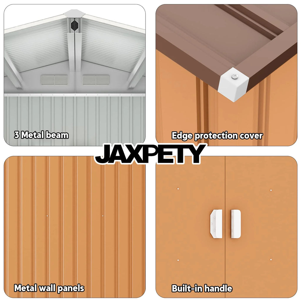 JAXPETY Cobertizo de Jardín y Almacenamiento Exterior de 6×8 Pies – Cobertizo Metálico para Herramientas con Puertas Corredizas para Patio, Jardín o Exteriores – Color Coffee