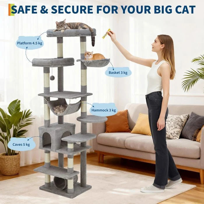 Arbre à chat - GARVEE - Arbre à chat multi-niveau avec griffoirs, escalade, hamac et niches, hauteur 188 cm - Gris foncé