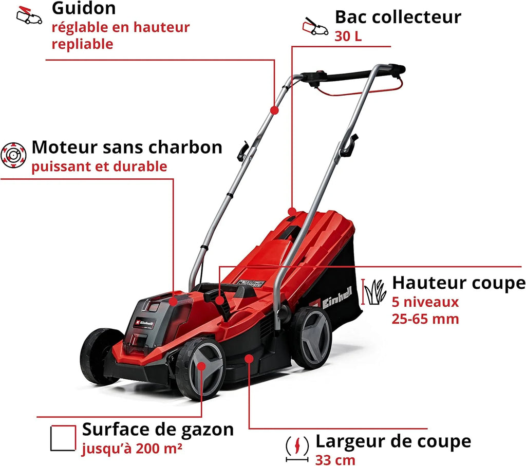 Einhell Tondeuse à gazon sans fil GE-CM 18/33 Li Kit Power X-Change (18V, Largeur de Coupe 33cm, Surface conseillée 200 m²) Livré avec Batterie 4,0 Ah et Chargeur