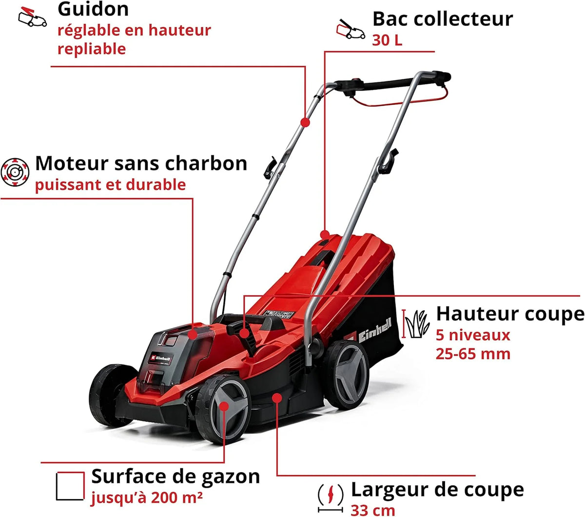 Einhell Tondeuse à gazon sans fil GE-CM 18/33 Li Kit Power X-Change (18V, Largeur de Coupe 33cm, Surface conseillée 200 m²) Livré avec Batterie 4,0 Ah et Chargeur