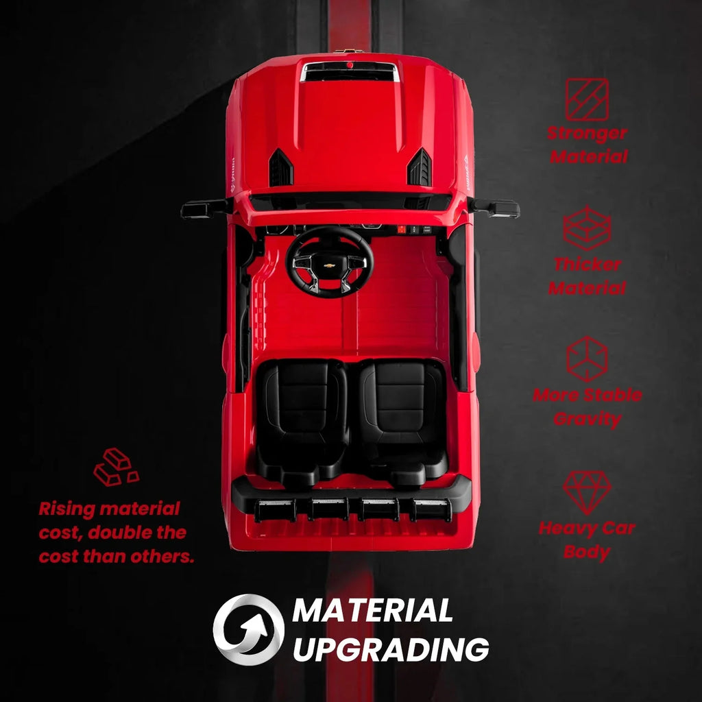 Track 7 Coche Eléctrico de 24V para Niños, Camioneta Silverado HD Licenciada para 2 Pasajeros, Control Remoto, Música, ABC, Rojo