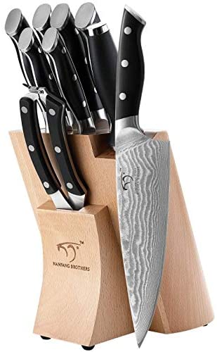 Juego de cuchillos de cocina Damascus, set de 9 piezas con bloque, mango ergonómico ABS para cuchillos de chef, afilador de cuchillos y tijeras de cocina, bloque de madera de haya