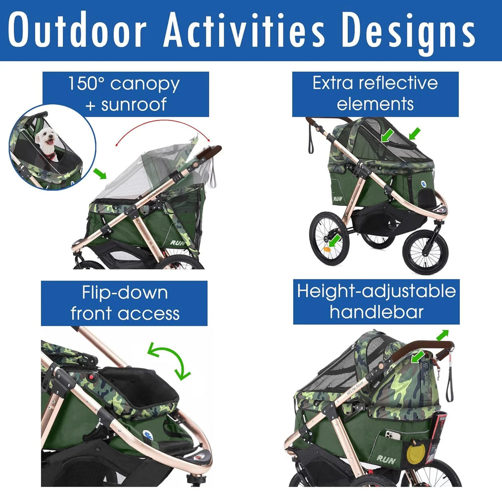 Coche Deportivo para Correr con Ruedas de Goma Confort / Entrada sin Cremallera / Plegado Rápido con Una Mano / Estructura de Aluminio para Perros, Gatos y Mascotas Pequeñas o Medianas (Camuflaje Verde)