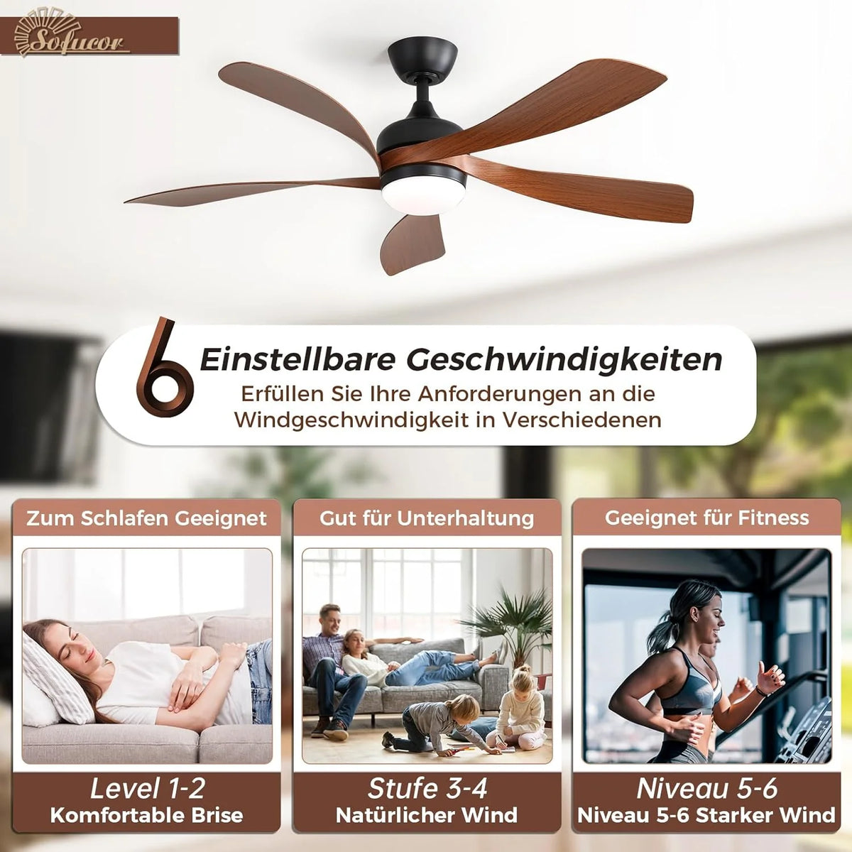 Sofucor Ventilateur Plafond avec Lumiere et Telecommande, 132 cm Dimmable Lampe Ventilateur Plafond LED, 6 Vitesses, DC Silencieux Réversibles, Minuterie, pour Chambre