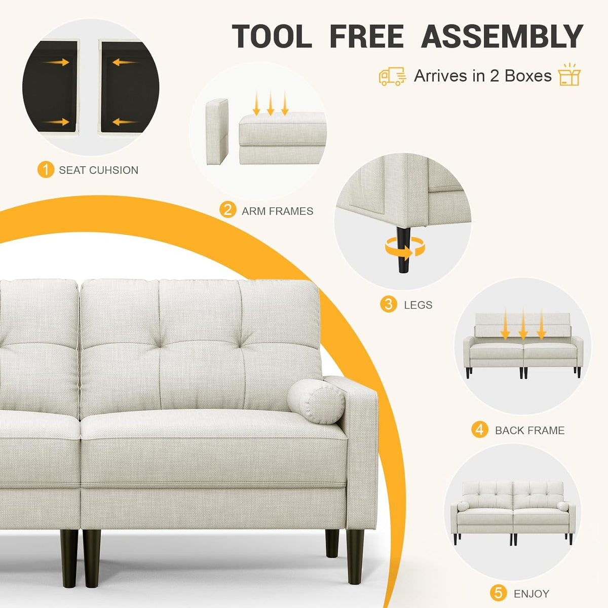 Aotumm Ciort Sofa 2 Plazas, Sofá Moderno con Cojines Gruesos, 2 Almohadas, Cómodo Sofá de Cuero con 2 Bolsillos de Almacenamiento para Sala de Estar/Dormitorio/Oficina, Sofá Pequeño (Marrón)