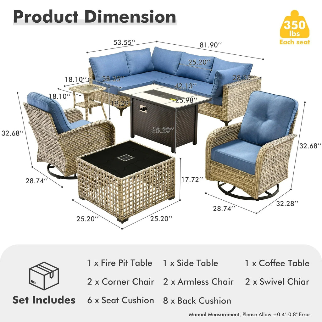 OVIOS 9 Pieces Outdoor Wicker Swivel Chair Set With Fire Table