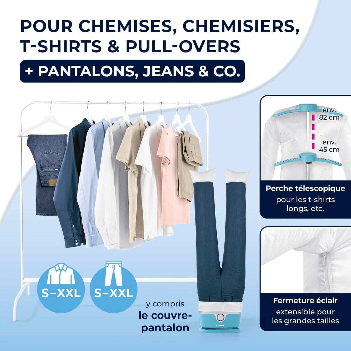 CLEANmaxx Appareil de repassage automatique de chemises avec accessoire pour pantalons | Idéal pour chemises, chemisiers & pantalons | Séchage doux et infroissable en quelques minutes