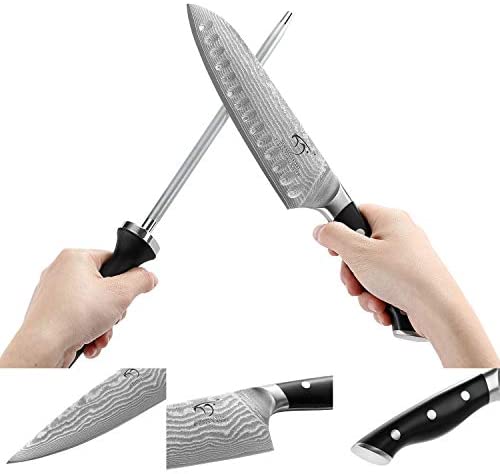 Juego de cuchillos de cocina Damascus, set de 9 piezas con bloque, mango ergonómico ABS para cuchillos de chef, afilador de cuchillos y tijeras de cocina, bloque de madera de haya