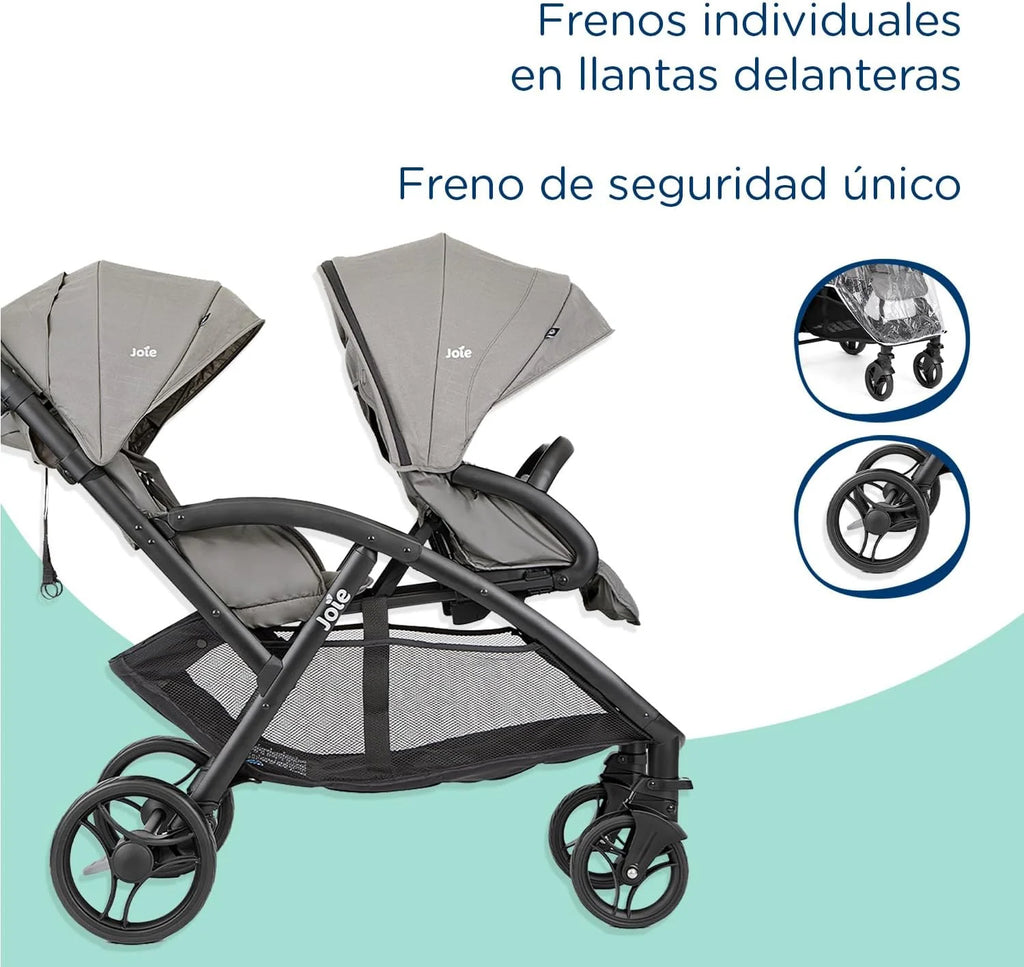 Joie - Evalite™ Duo - Poussette Double - Siège Arrière Inclinable À Plat - Pliage Facile & Compact - Compatible Sièges Auto - Suspension 4 Roues - Harnais 5 Points SoftTouch - Dès la naissance