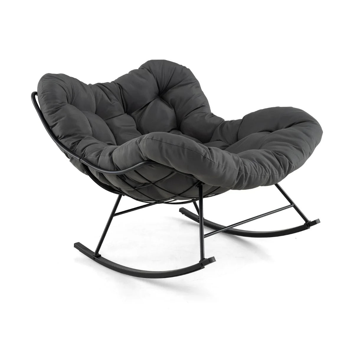 Chaise à Bascule d'Intérieur et d'Extérieur Chaise Papasan Surdimensionnée avec Coussin Rembourré & Cadre en Métal Capacité 205 Kg Gris