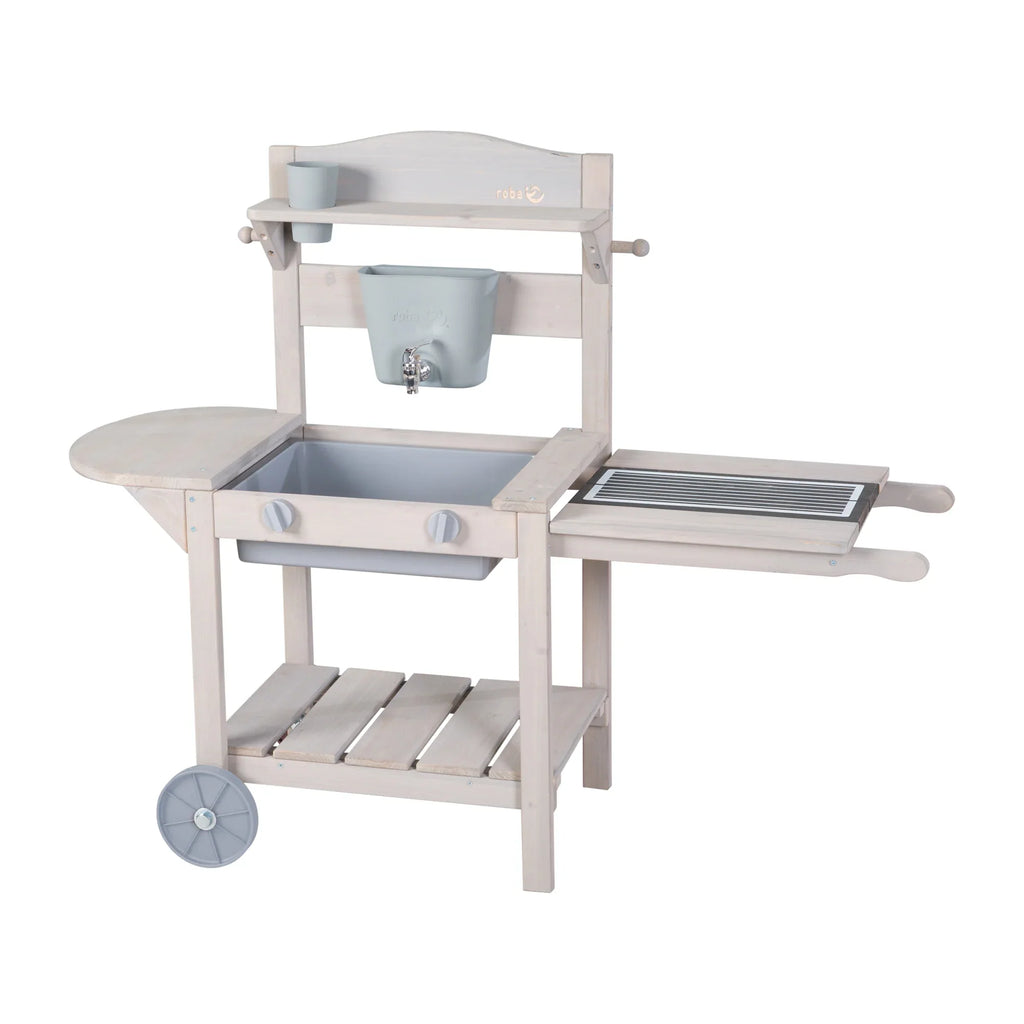 Cocina móvil de juego y barro BBQ para niños – Madera certificada FSC – Acabado en gris grabado