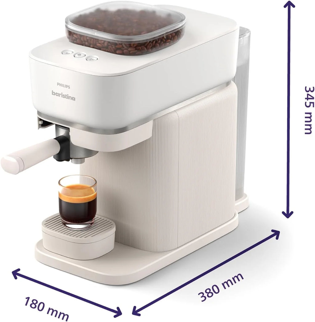 Philips Baristina Machine à expresso - Un véritable expresso, en toute simplicité - Compacte - 16 bars de pression - Broyeur intégré - Machine blanche avec porte-filtre blanc (BAR300/00)