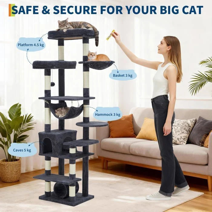Arbre à chat - GARVEE - Arbre à chat multi-niveau avec griffoirs, escalade, hamac et niches, hauteur 188 cm - Gris foncé