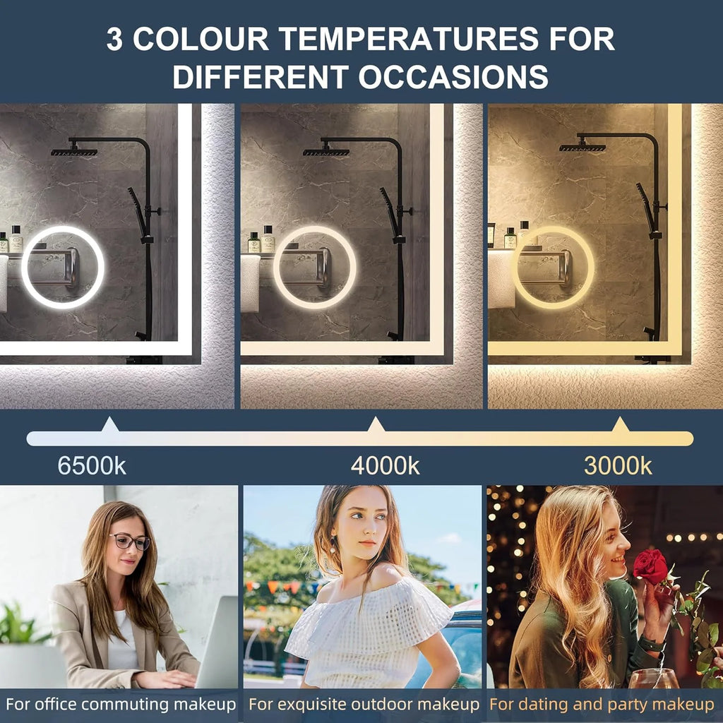 S'bagno Espejo-Baño-con-Luz 120x70cm, Espejo-Baño-LED-Bluetooth con Función Antivaho, 3000K/4000K/6500K, Regulable, Memoria, Cristal Templado HD, IP44-Espejos-de-Baño-con-LED, Horizontal/Vertical