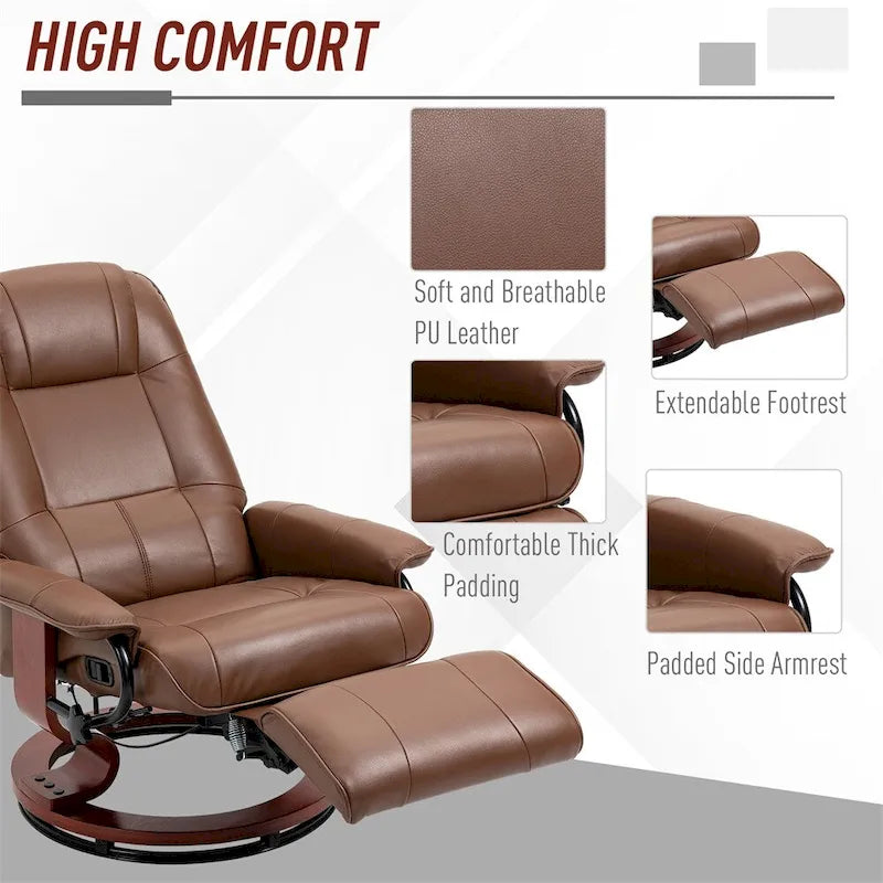Leather Adjustable Swivel Lounge Chair with Footrest and Armrest