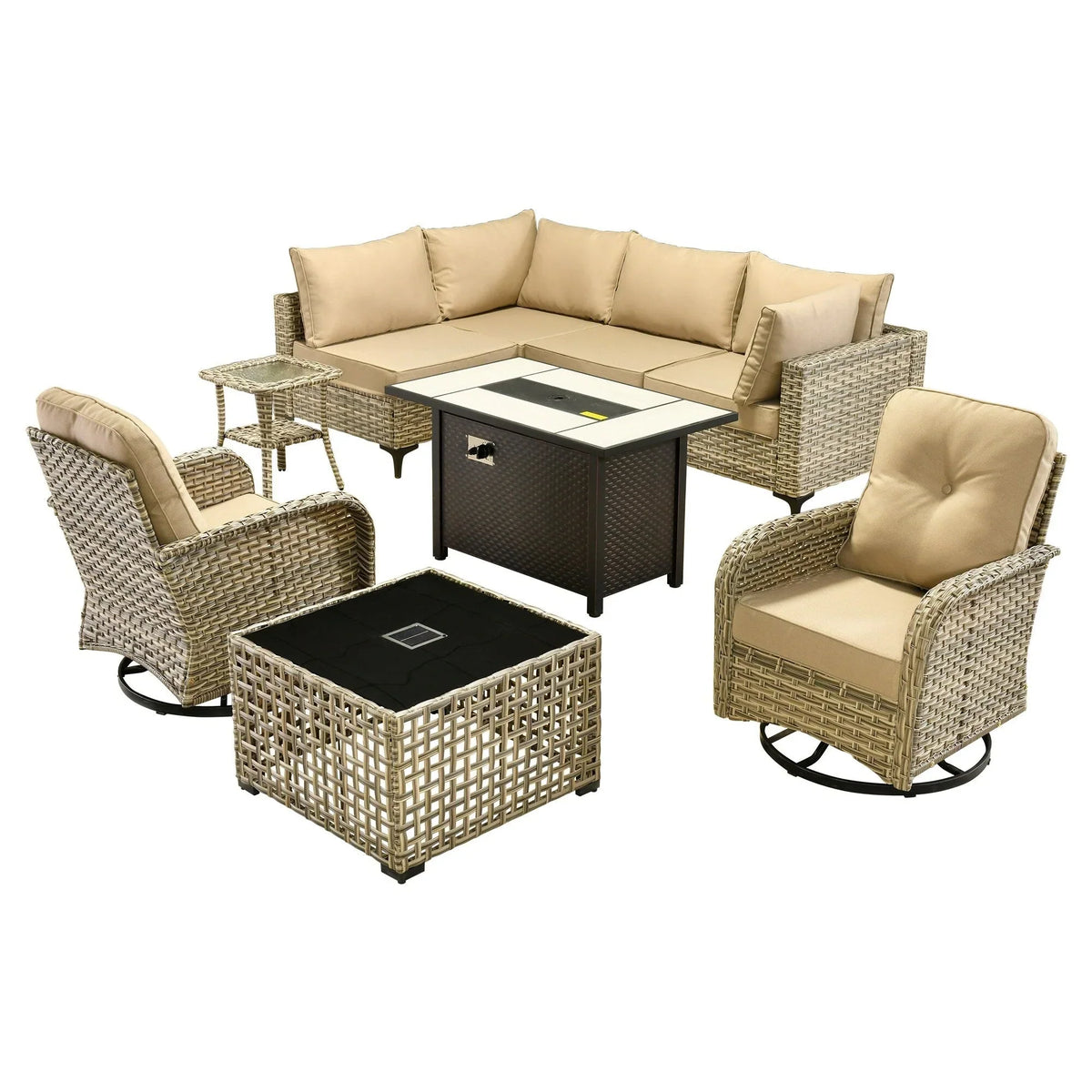 OVIOS 9 Pieces Outdoor Wicker Swivel Chair Set With Fire Table