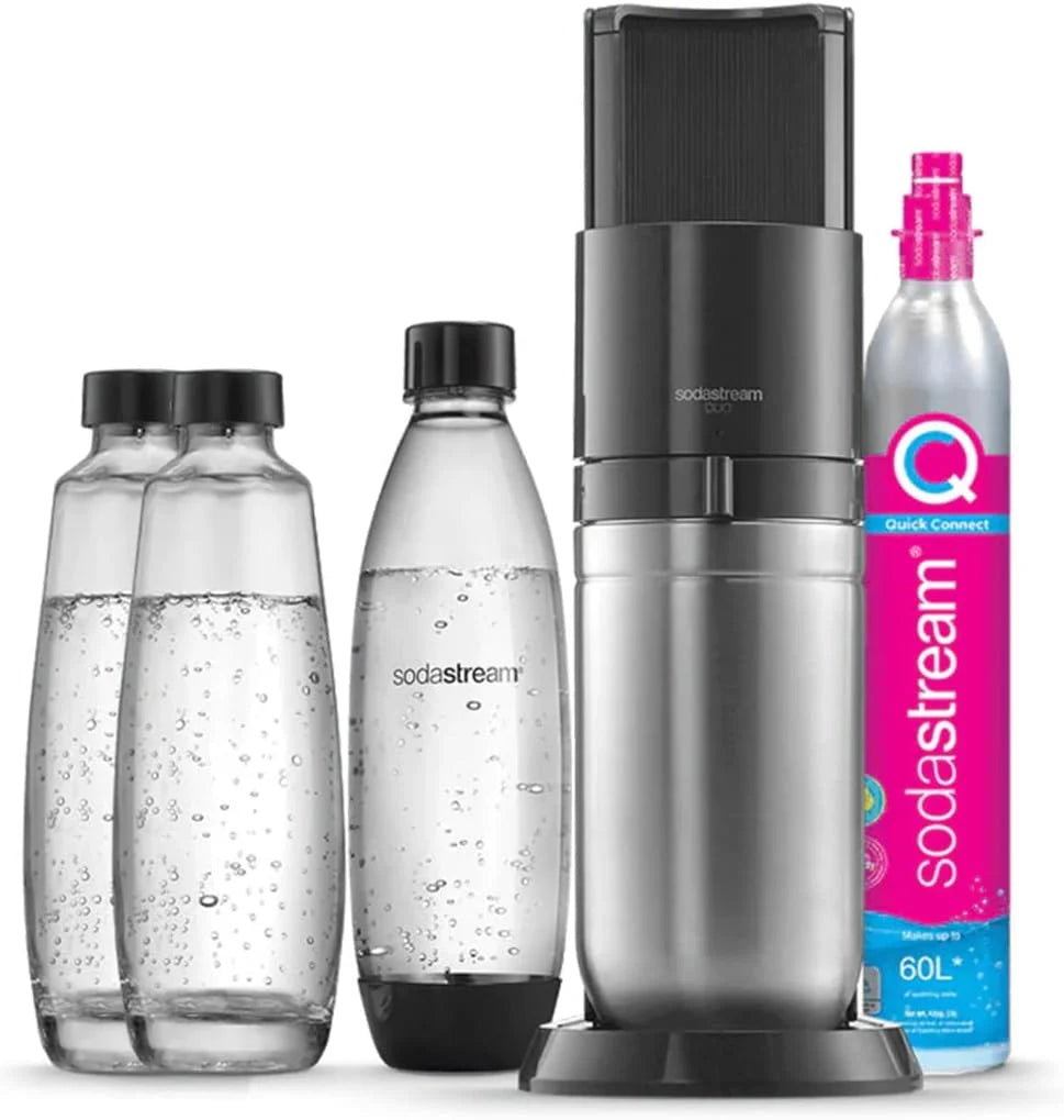 SodaStream Duo Sparkling Water Machine for Glass Jug | Pack of 2 Glass Jugs 1L + 1 Bottle 1L Dishwasher Safe + 1 60L Gas Refill Clip On | Black [Amazon Exclusive]