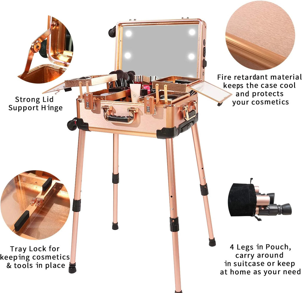 Maletín mediano para maquillaje con cerradura de código, espejo iluminado, altavoz, organizador de cosméticos de viaje, trolley profesional para artistas, estuche independiente para estudio