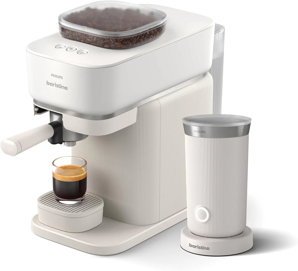 Philips Baristina Machine à expresso - Un véritable expresso, en toute simplicité - Compacte - 16 bars de pression - Broyeur intégré - Machine blanche avec porte-filtre blanc (BAR300/00)