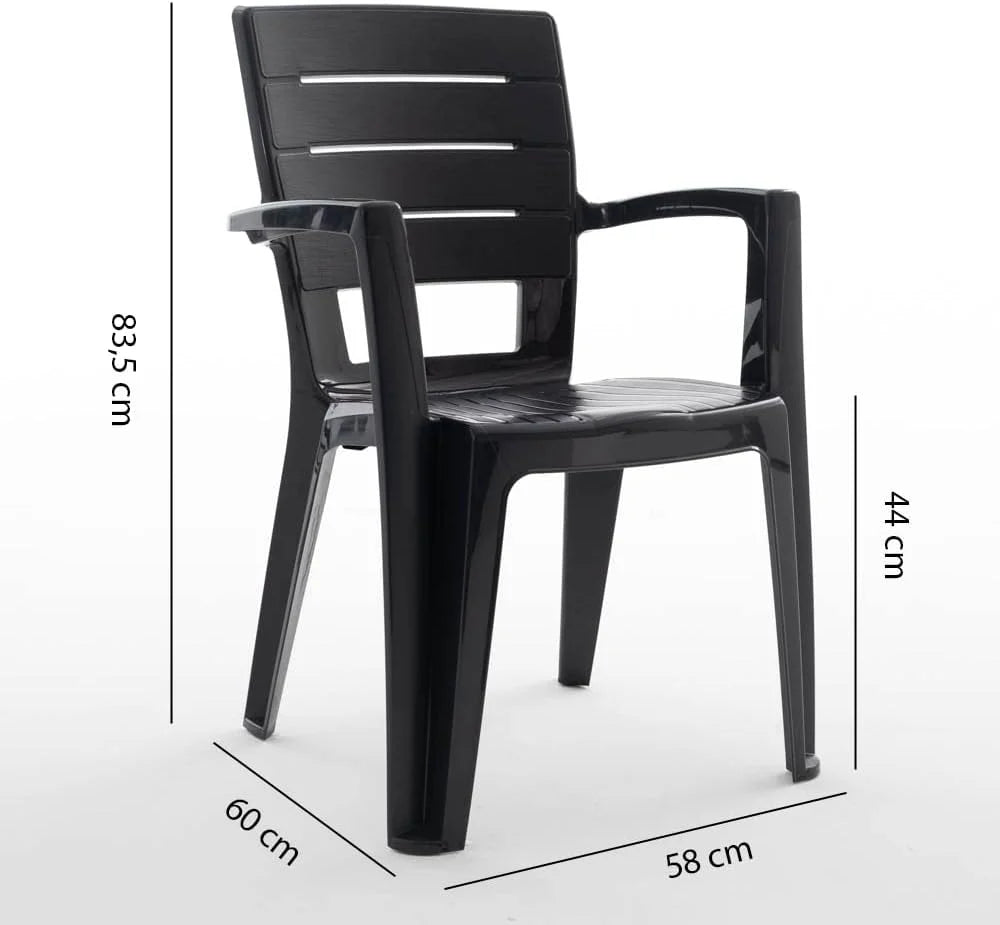 Ensemble repas de jardin ou d'extérieur pour 6 personnes anthracite effet bois, table rectangulaire en acier peint avec lattes en polyéthylène, 6 chaises empilables en polypropylène - Thomas & Anita