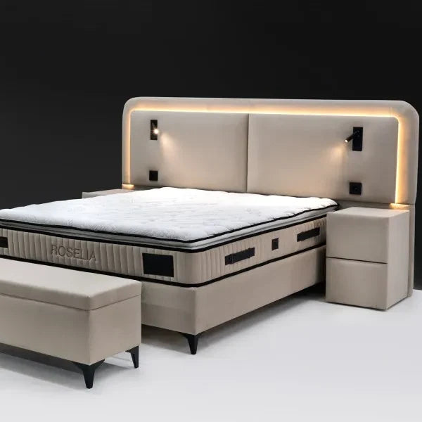 Lit Coffre Velours avec LED, Applique Murale et Prises USB