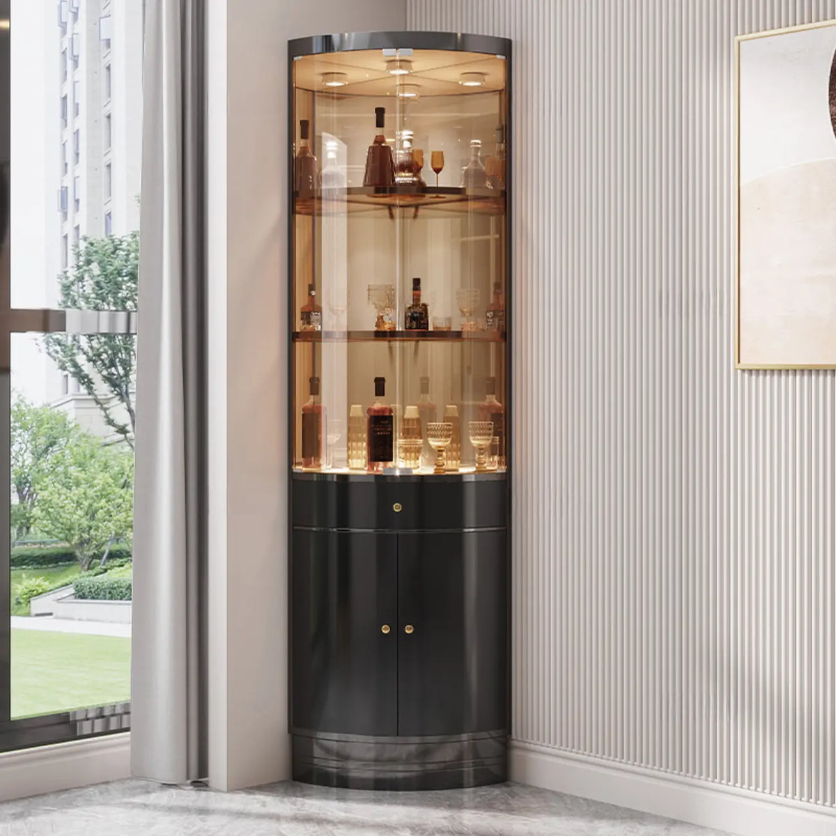Multiple Levels Glass and Metal Shelf Storage Display Corner Wine Cabinet