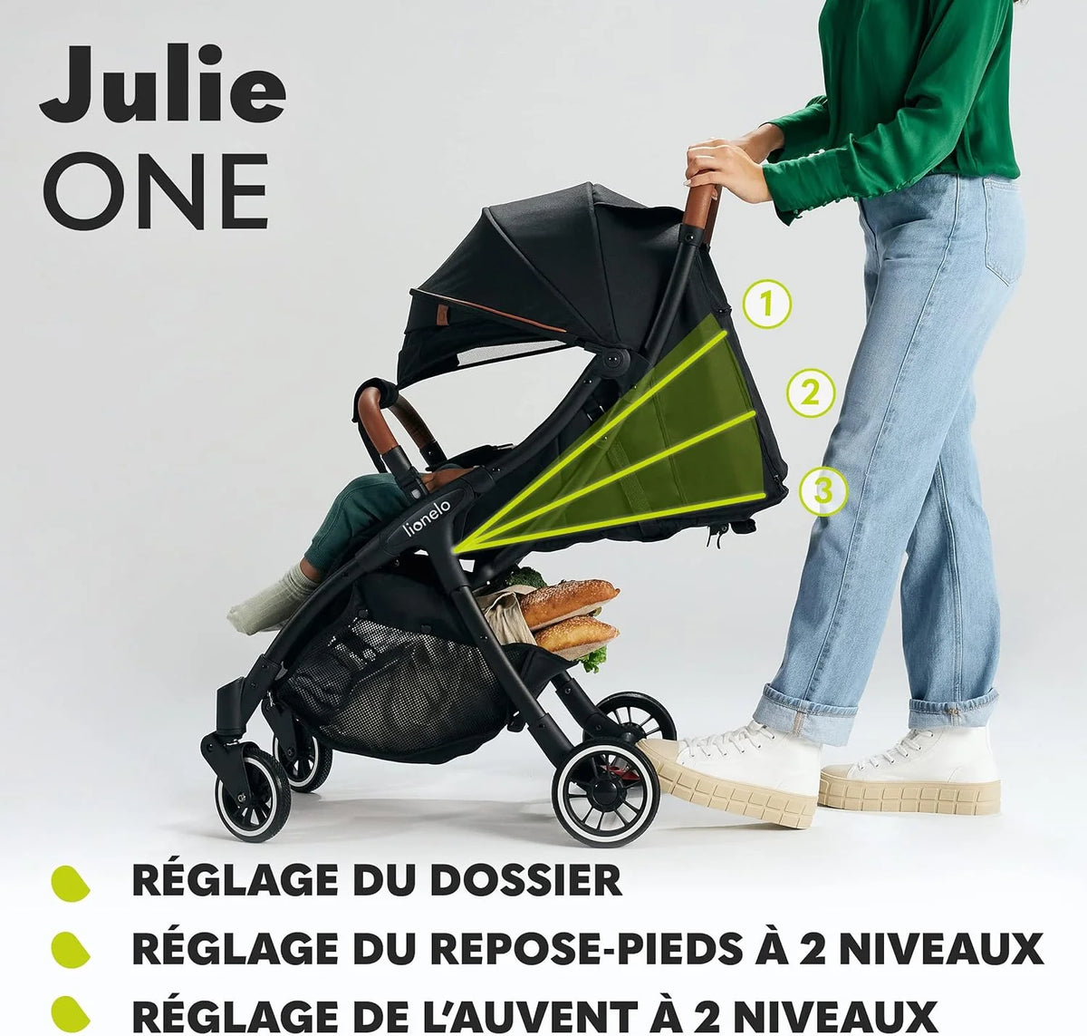 LIONELO Julie One Poussette canne legere Ultra compacte Pliable en un seul geste (0-22 kg), sac de transport, repose-pieds dossier, réglable jusqu'à, moustiquaire