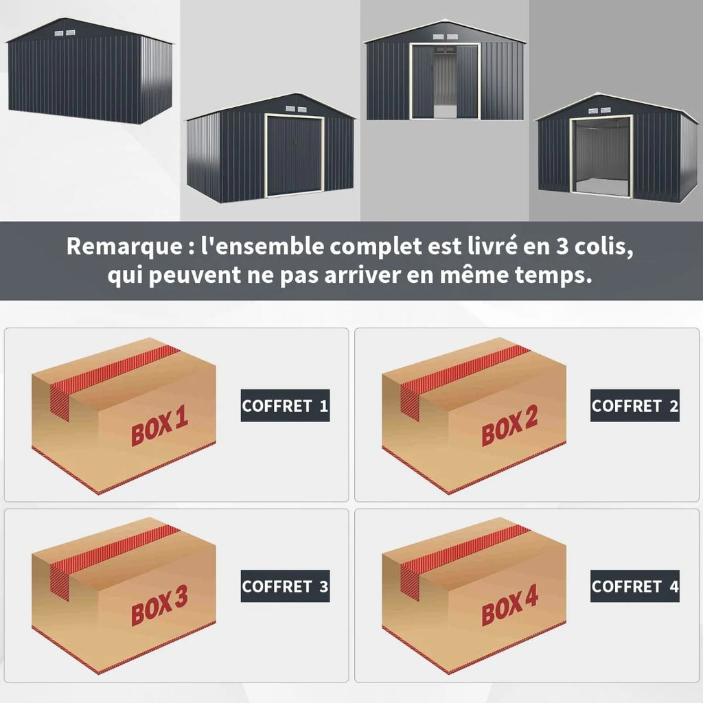 Abri de Jardin en Métal & Extension 10.85㎡ avec 2 Portes Coulissantes Verrouillables 4 Trous d’Aération Gris pour Vélo