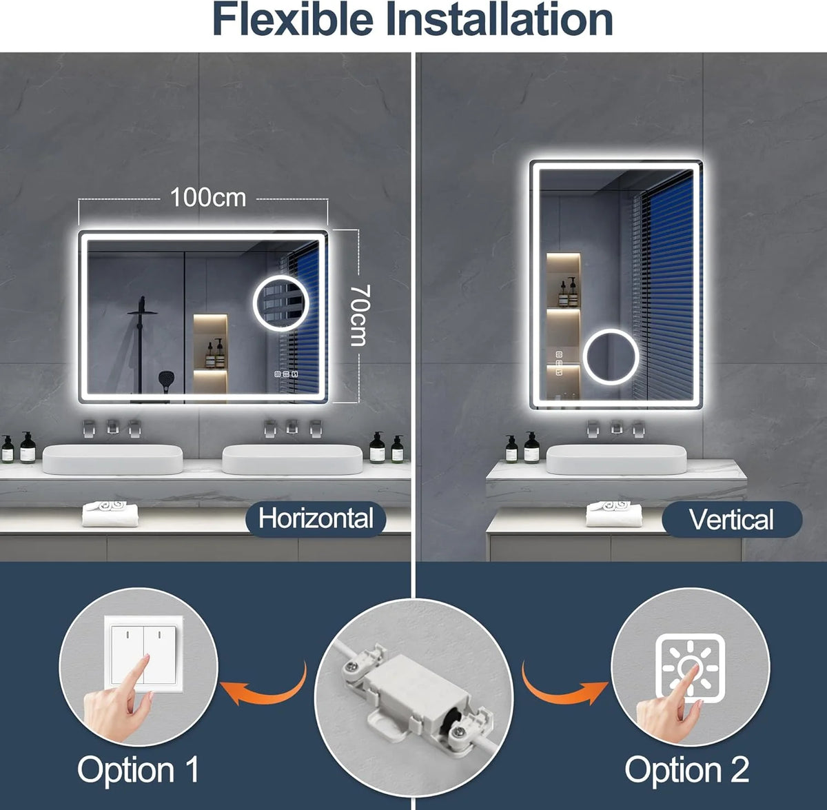 S'bagno Espejo-Baño-con-Luz 120x70cm, Espejo-Baño-LED-Bluetooth con Función Antivaho, 3000K/4000K/6500K, Regulable, Memoria, Cristal Templado HD, IP44-Espejos-de-Baño-con-LED, Horizontal/Vertical