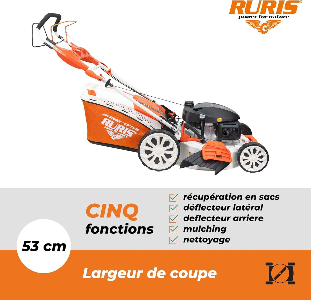 RURIS Power for Nature Tondeuse à Gazon Thermique RX555s Moteur Honda 5,2 CV, 202cc, 530mm, Sac 65l, propulsee Automatique, 5 in 1: Ramassage, Éjection Arrière et Latérale, Mulching, Nettoyage