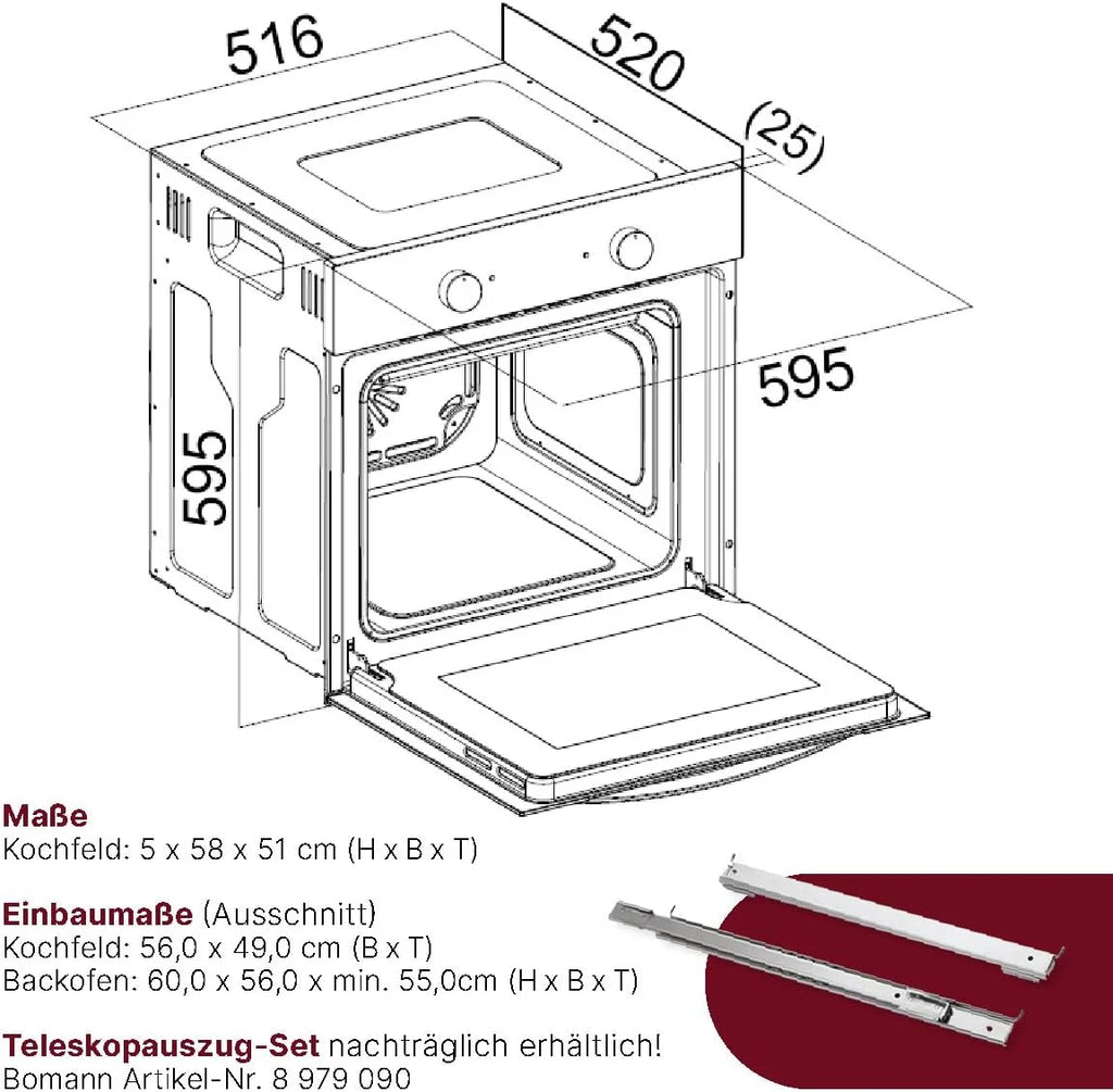 Bomann, Four avec plaque de cuisson à induction, Cuisinière encastrable avec 4 zones de cuisson et 9 fonctions de four, Capacité utile de 56 l, Thermostat réglable séparément, EHBC7937, Noir