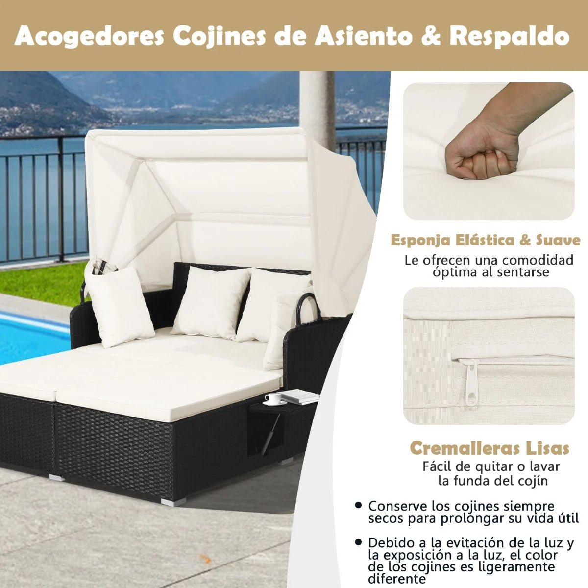 Cama Doble Día Ratán Patio Tumbona Con Cojines Laterales Plegables Jardín Patio Porche Blanco