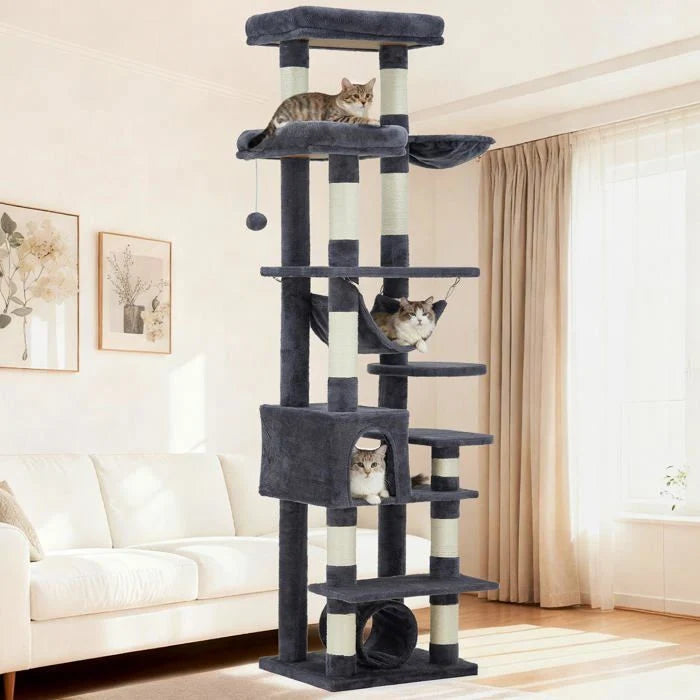 Arbre à chat - GARVEE - Arbre à chat multi-niveau avec griffoirs, escalade, hamac et niches, hauteur 188 cm - Gris foncé