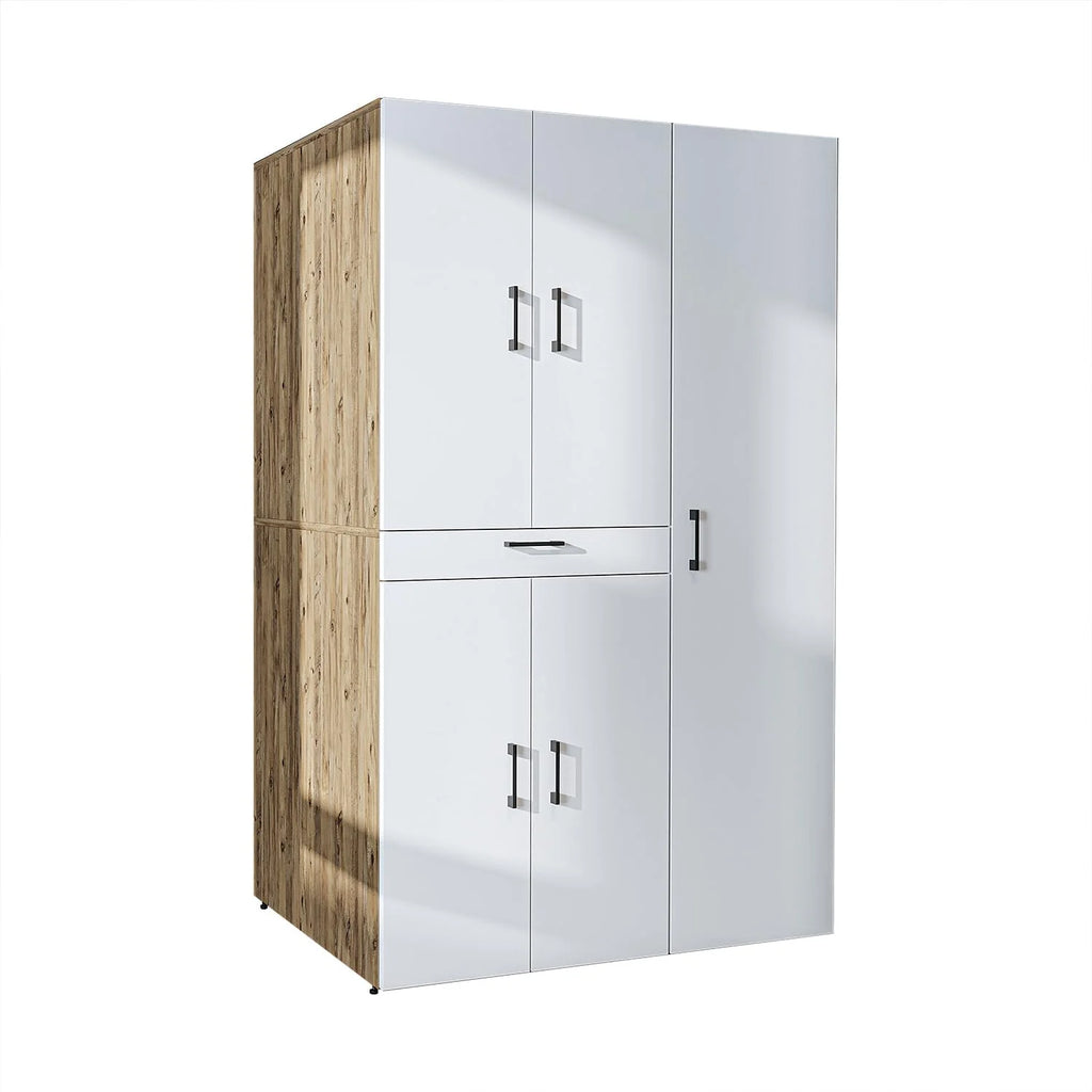 ROOMART Dora - Armoire de machine à laver - Pour sèche-linge et machine à laver - En 4 couleurs - Avec portes et panneau coulissant - Blanc - Chêne blanc - Chêne anthracite - Chêne blanc (chêne blanc)