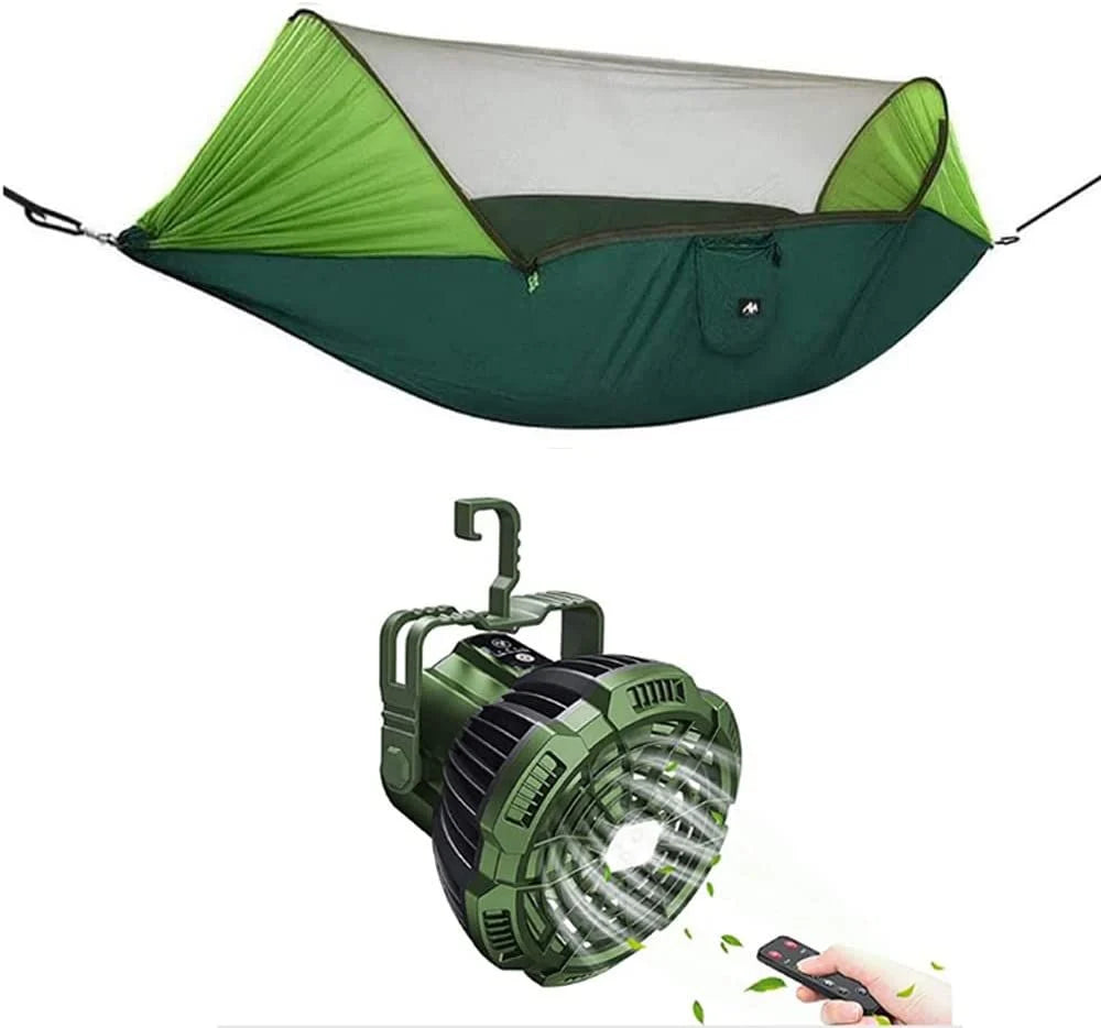 Hamaca de Camping Ayamaya con Red para Mosquitos y Tela para Sombrilla + Ventilador de Camping Recargable con Luz LED