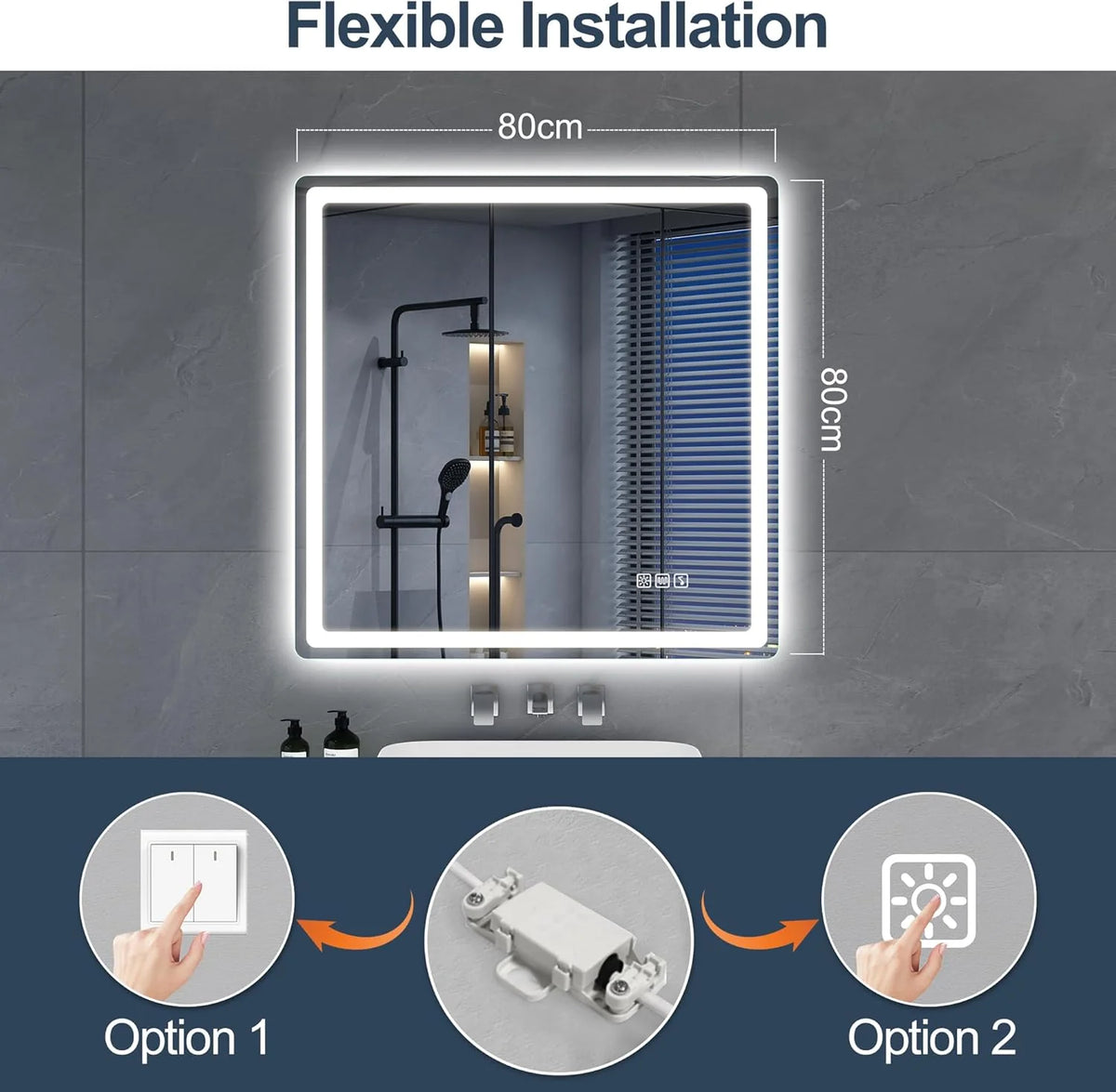 S'bagno Espejo-Baño-con-Luz 120x70cm, Espejo-Baño-LED-Bluetooth con Función Antivaho, 3000K/4000K/6500K, Regulable, Memoria, Cristal Templado HD, IP44-Espejos-de-Baño-con-LED, Horizontal/Vertical