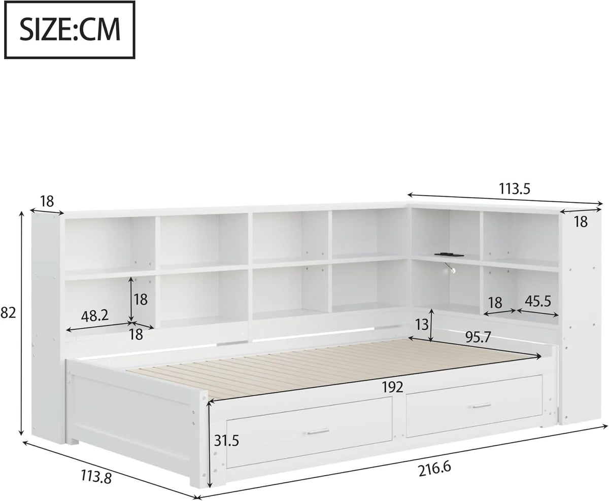 Lit Gigogne 90x190 cm + 180x190 cm - Lit en Bois avec Rangement et Prise Intégrée, Structure Pin et MDF, Matelas Non Inclus - Blanc