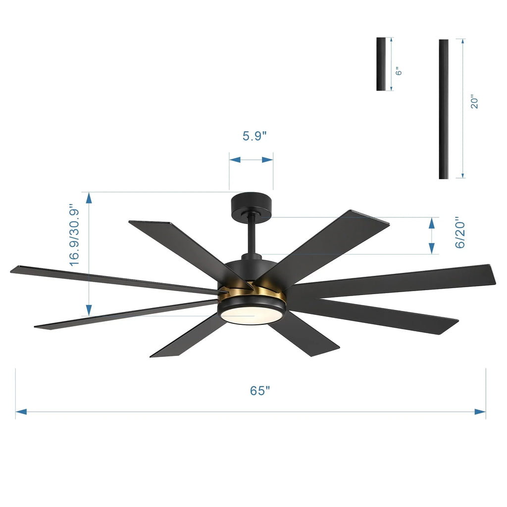 65 Inch 8-Blade Black LED Ceiling Fan with Light and Remote