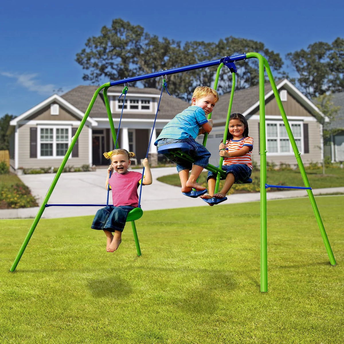 Columpio Balancín Infantil Para Jardín + 3 Años Juego Para Niños De Metal Outdoor Toys 220x140x182 Cm Carga Hasta 45 Kg