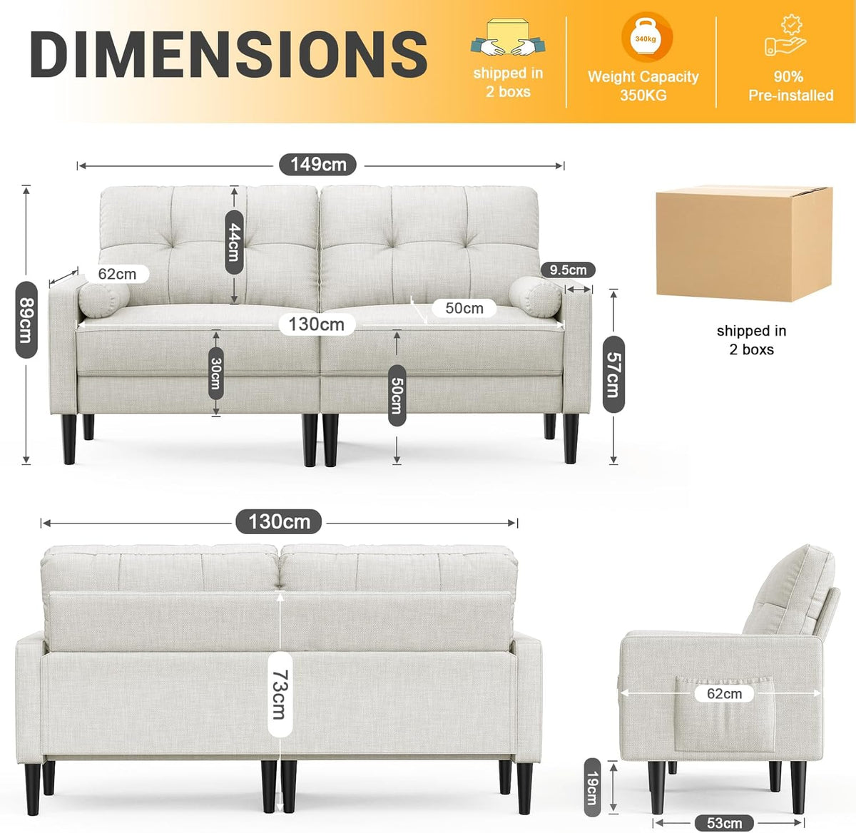 Aotumm Ciort Sofa 2 Plazas, Sofá Moderno con Cojines Gruesos, 2 Almohadas, Cómodo Sofá de Cuero con 2 Bolsillos de Almacenamiento para Sala de Estar/Dormitorio/Oficina, Sofá Pequeño (Marrón)