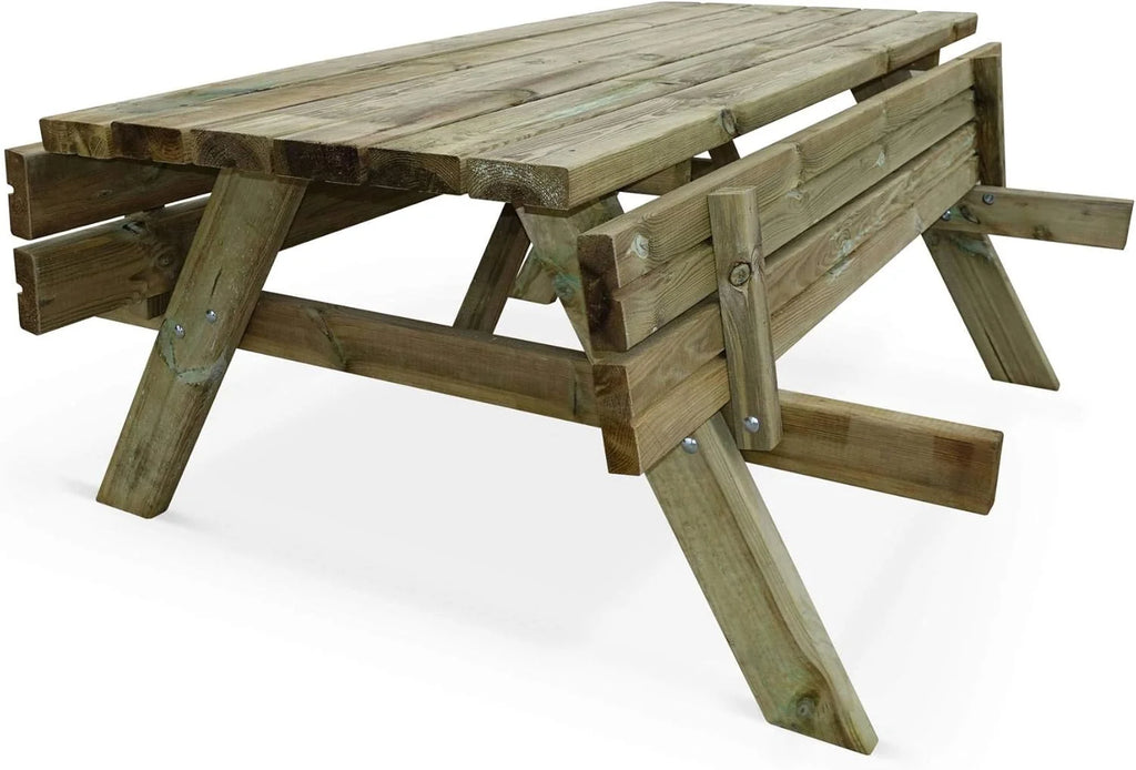 Alice's Garden - Table de Pique Nique Bois de pin + 2 bancs rabattables en Bois. 6 Places - PANCHINA - Table de Jardin Robuste en pin sylvestre